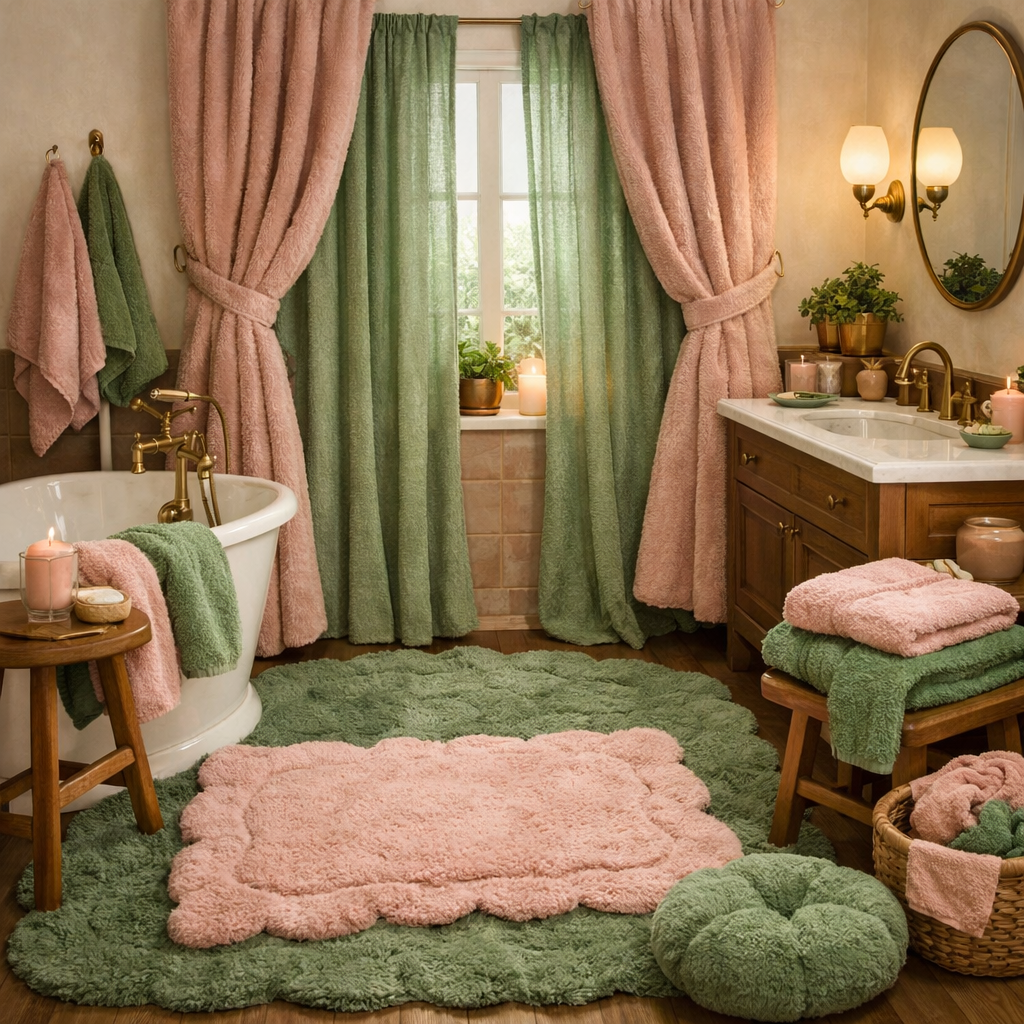 A pink and green bathroom featuring soft textiles, including curtains, towels, and rugs.