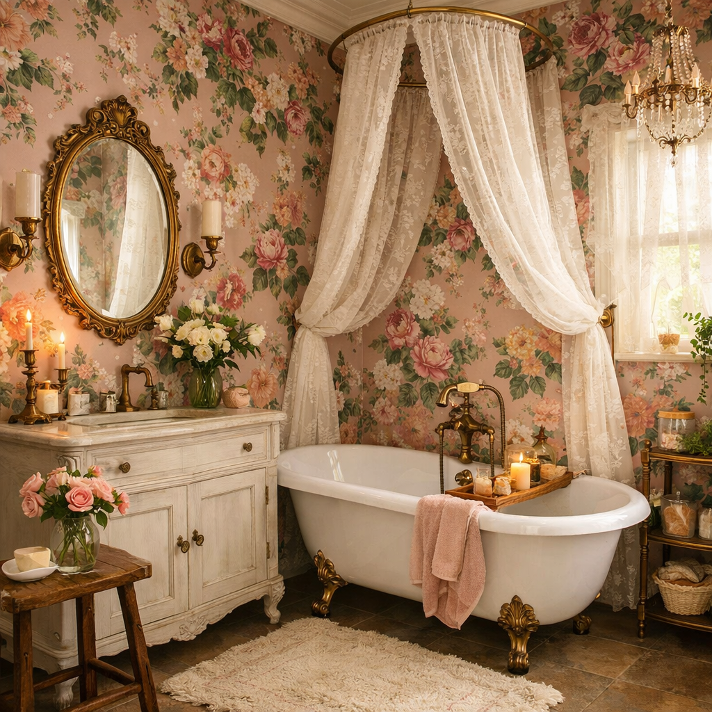 A beautifully decorated bathroom featuring floral pink wallpaper, vintage accents, and elegant fixtures.