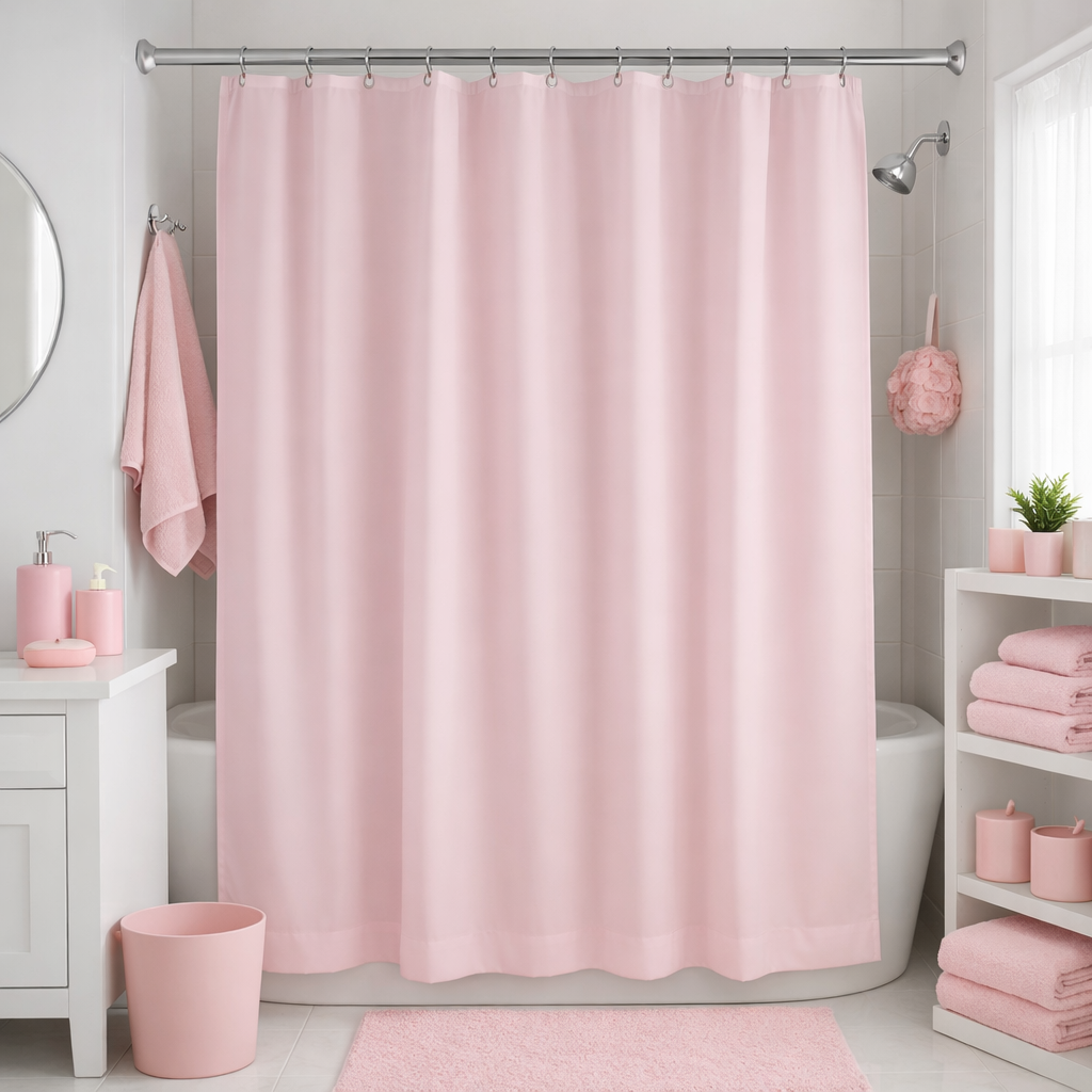 Pastel pink shower curtain with coordinating bathroom accessories