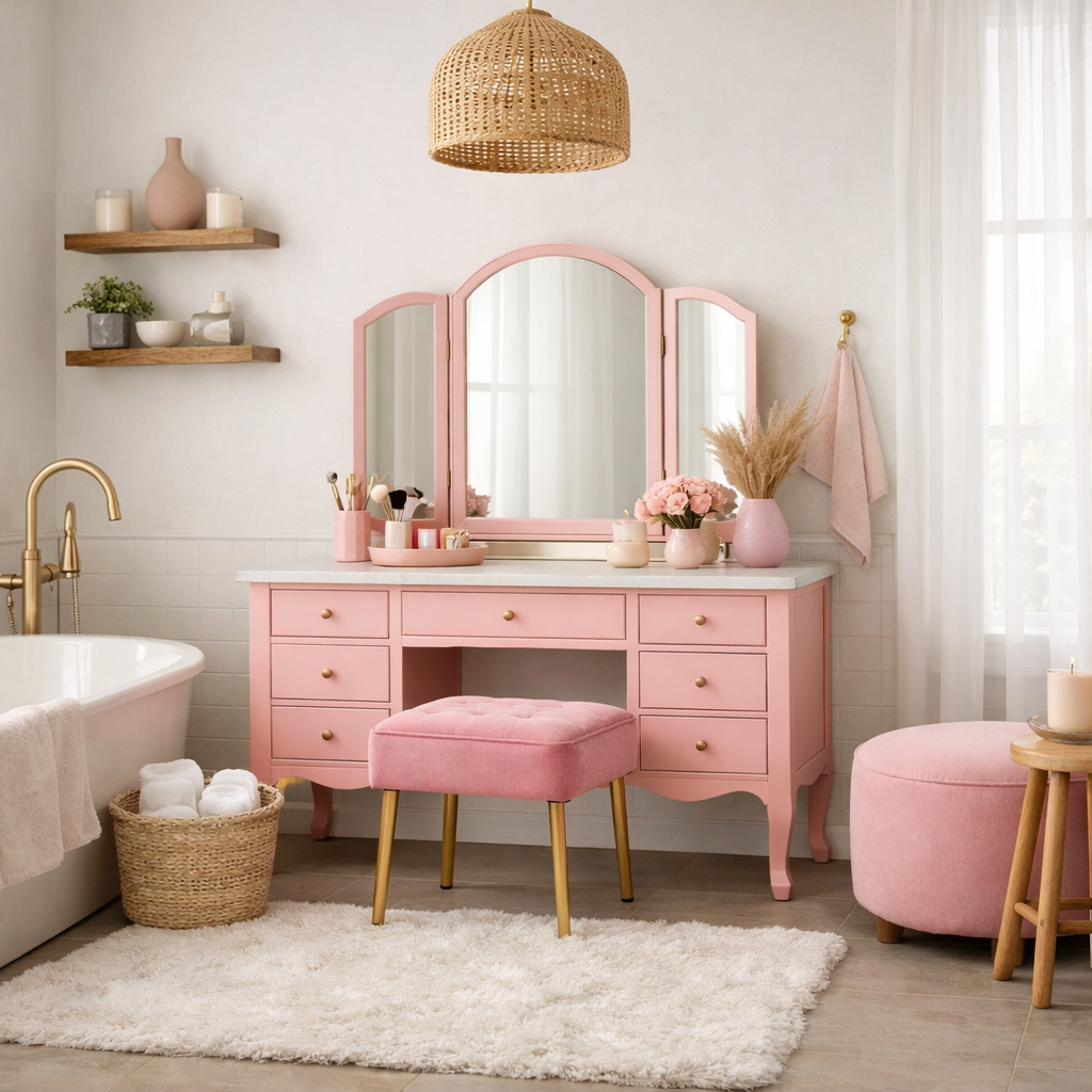 A beautifully decorated bathroom featuring pink accent furniture, including a pink vanity and stool, with floral arrangements and gold accents.