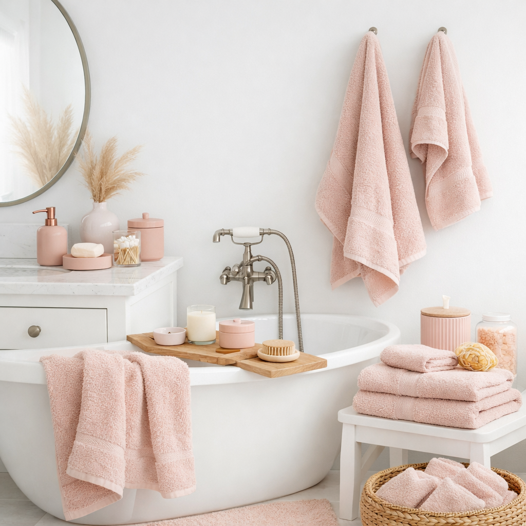 A stylish pink bathroom featuring plush towels, pastel decor, and a relaxing ambiance