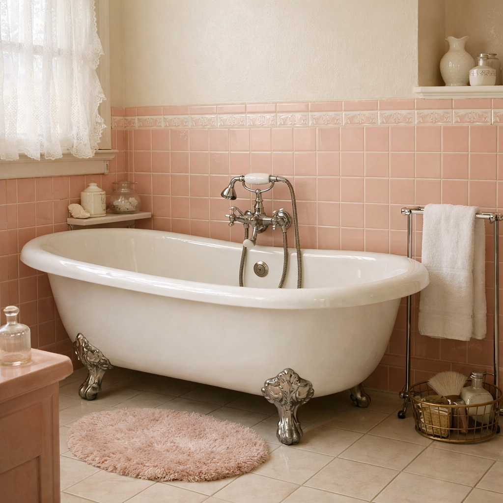 A vintage pink tiled bathroom featuring a clawfoot tub, soft rug, and decorative accessories