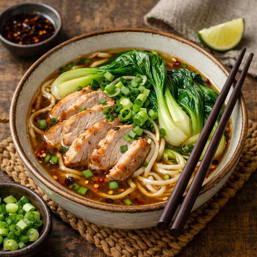 A warm bowl of Asian-inspired turkey noodle soup with sliced turkey, bok choy, noodles, and green onions.