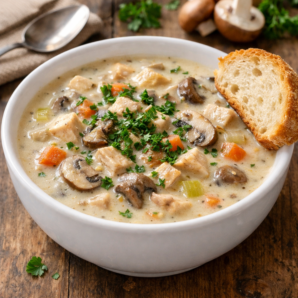 A bowl of creamy turkey and mushroom soup garnished with parsley and served with a slice of bread.