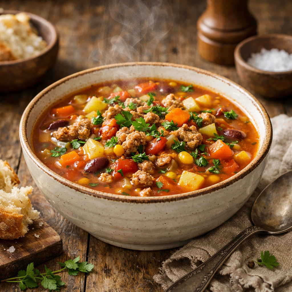 A steaming bowl of hearty ground turkey and vegetable soup.