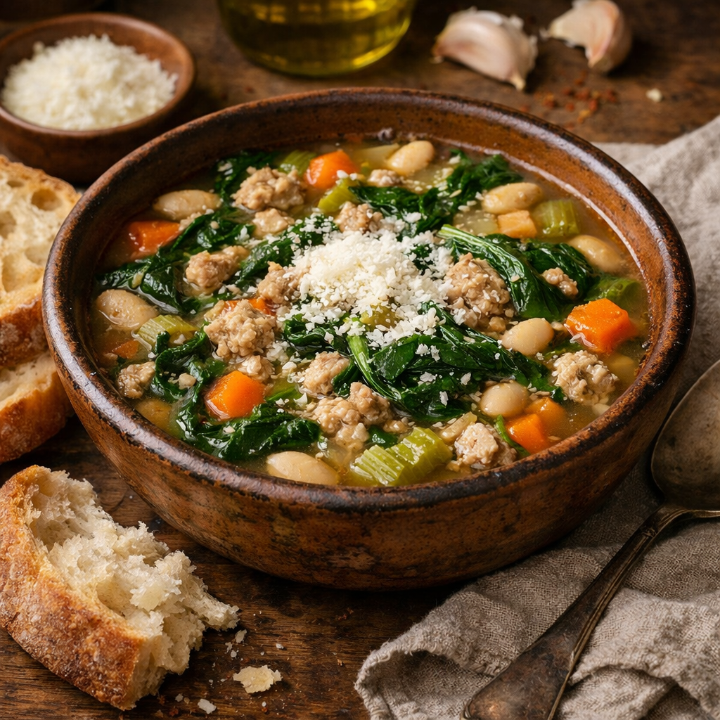 A hearty bowl of Italian turkey and spinach soup with vegetables and a sprinkle of parmesan.