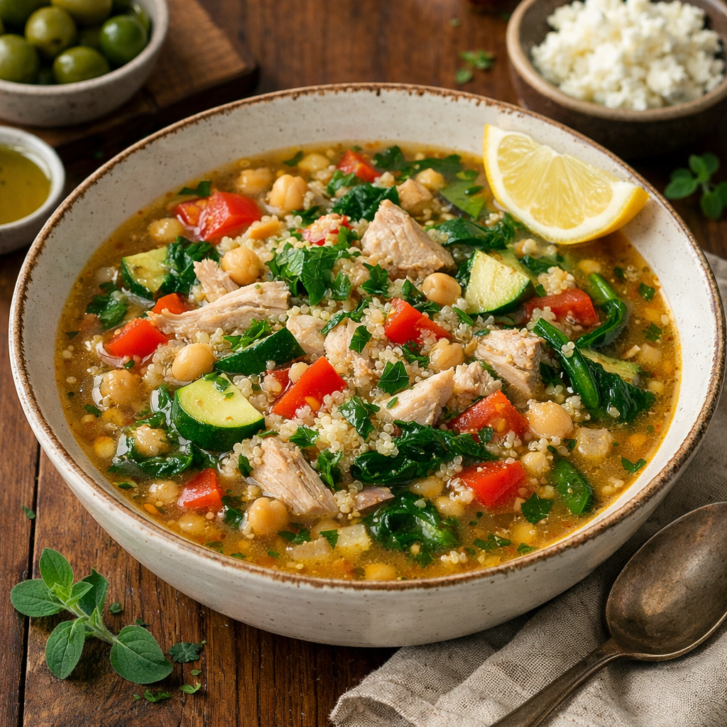 A delicious bowl of Mediterranean Turkey and Quinoa Soup with colorful vegetables.
