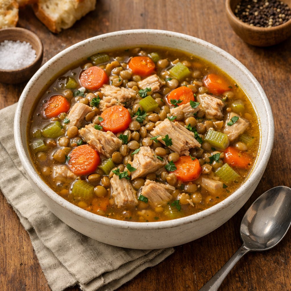 A hearty bowl of turkey and lentil soup with carrots and celery, served with a spoon beside it.