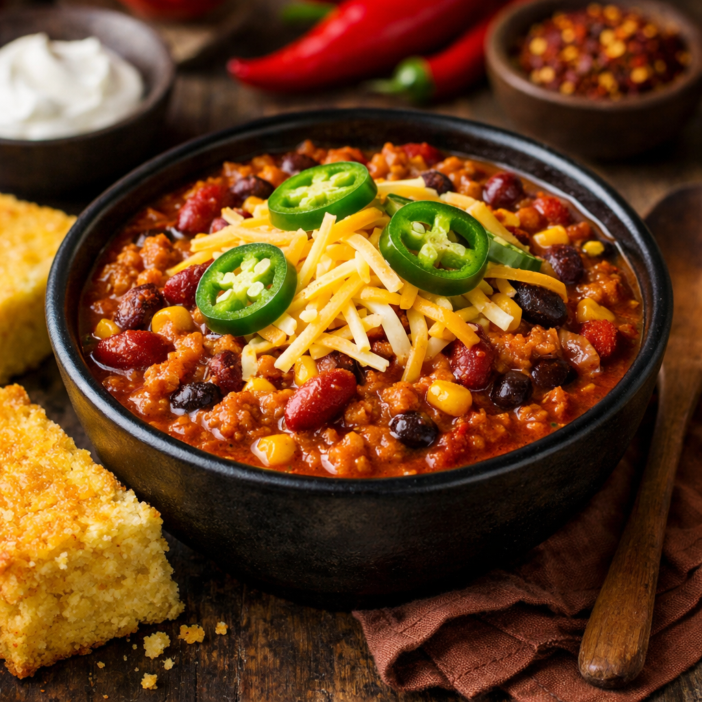 A bowl of spicy turkey chili topped with cheese and jalapeños, next to cornbread.