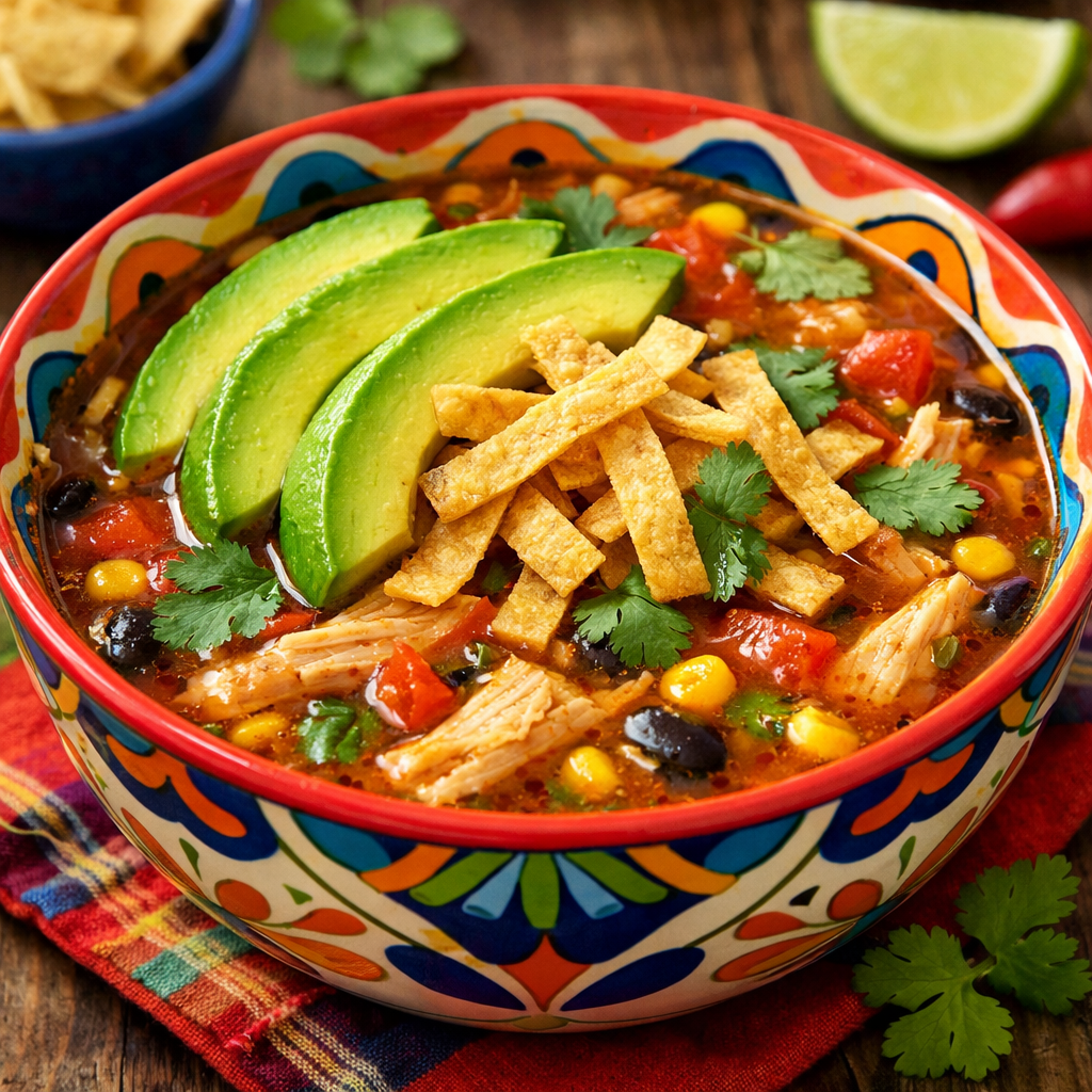 A bowl of Turkey Tortilla Soup topped with avocado slices and tortilla strips.