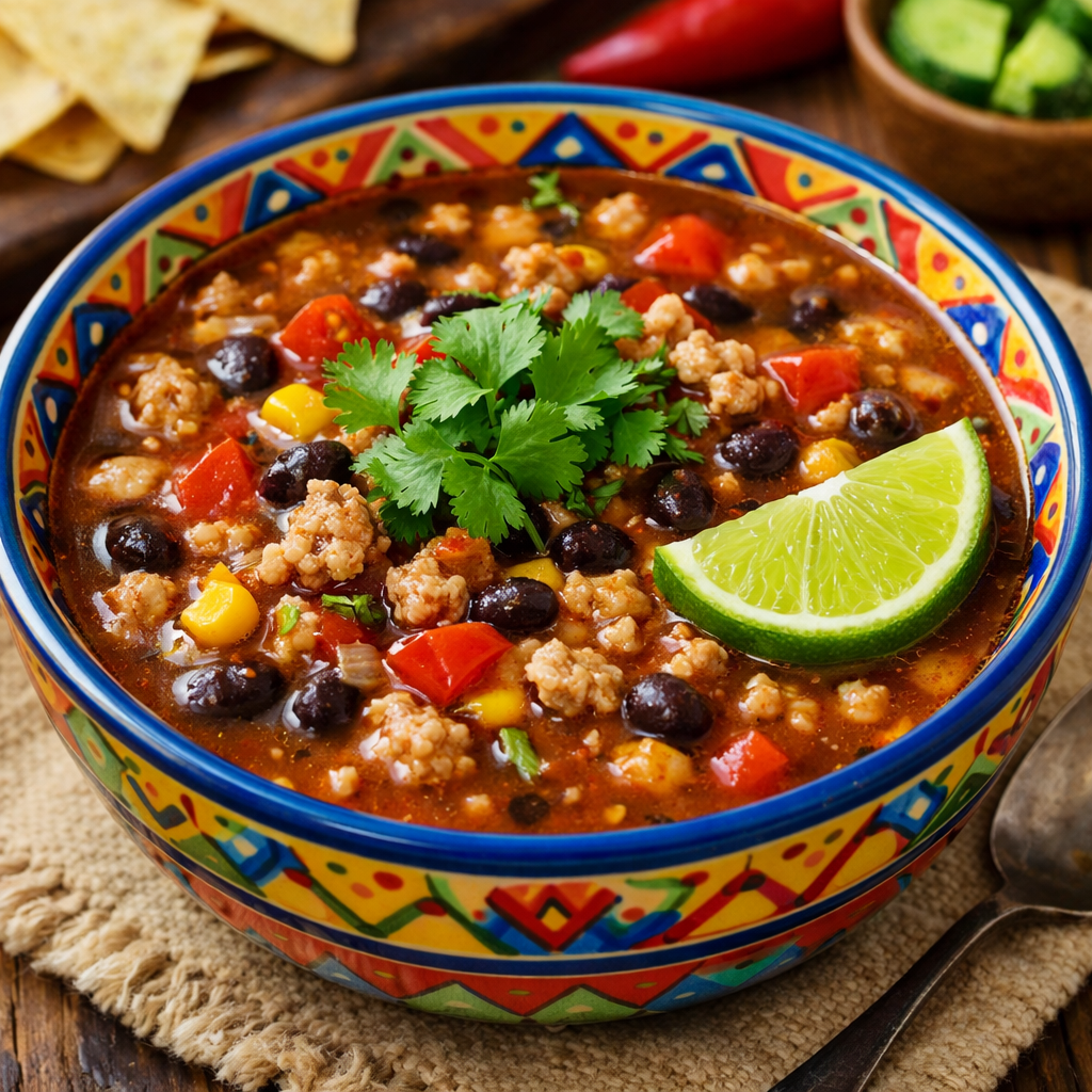 A colorful bowl of zesty turkey and black bean soup with cilantro and lime.