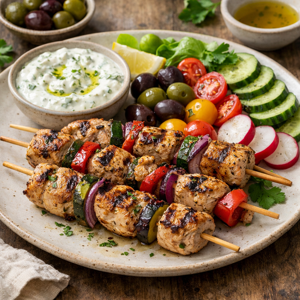 Plate of Mediterranean Turkey Skewers with colorful vegetables and tzatziki sauce