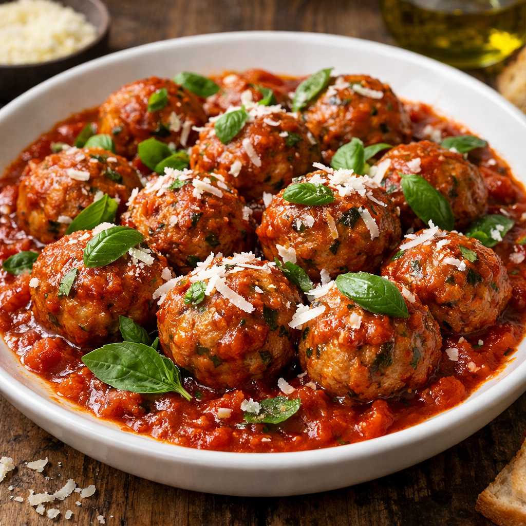 Savory turkey meatballs in marinara sauce garnished with fresh basil