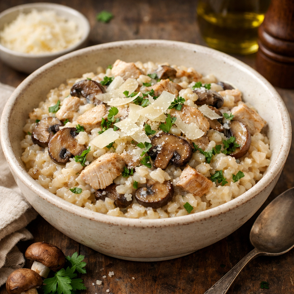 A bowl of creamy turkey and mushroom risotto topped with parsley and cheese