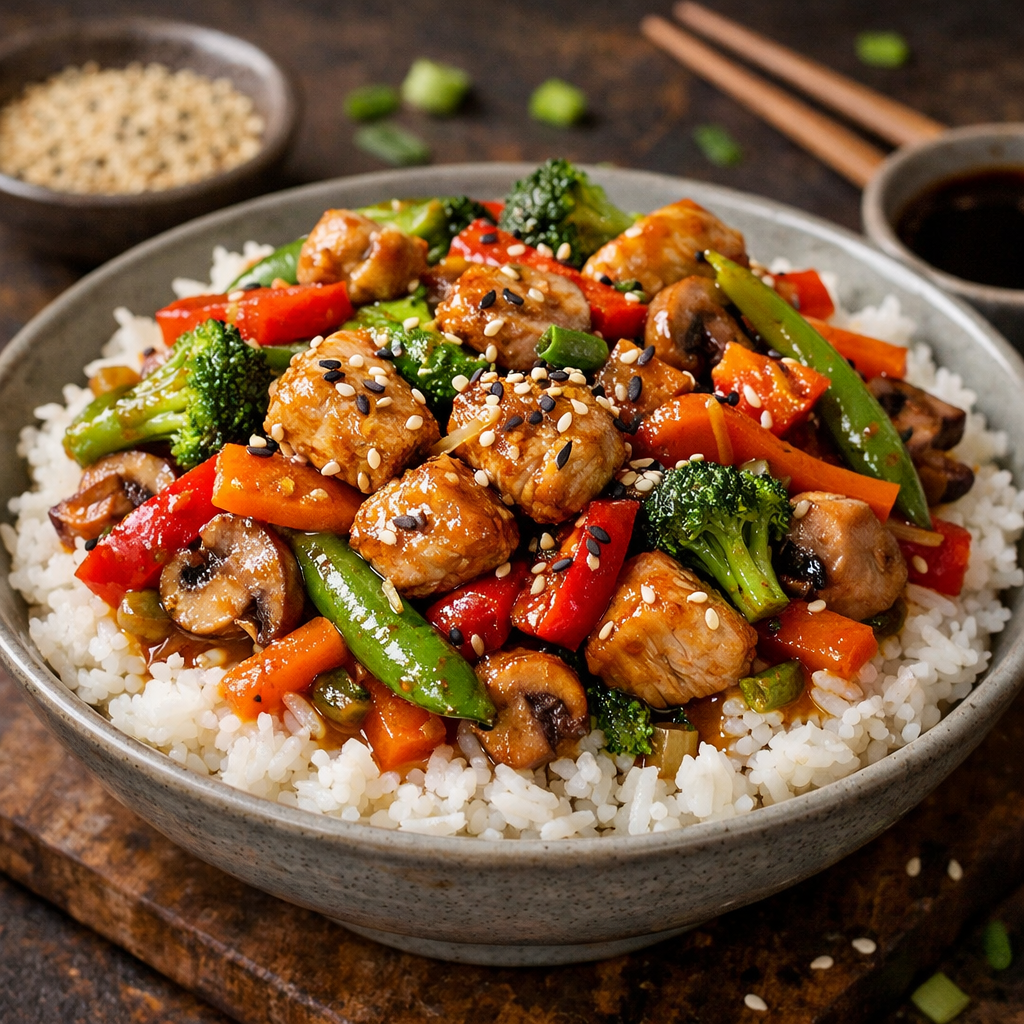A bowl of turkey and vegetable stir-fry with rice, featuring colorful bell peppers, broccoli, and sesame seeds.