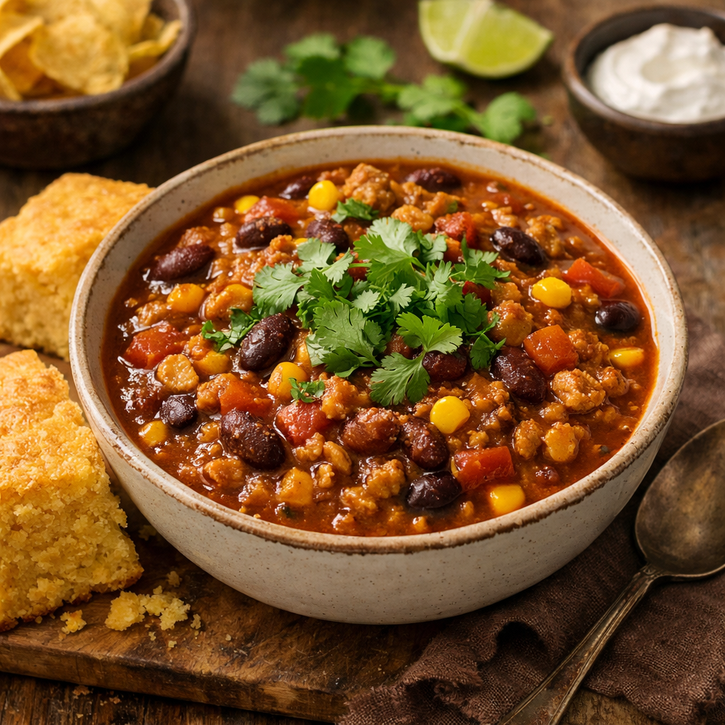 A bowl of turkey chili with beans and corn, topped with cilantro, accompanied by cornbread and lime wedges.