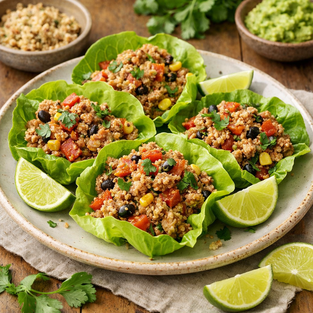 Lettuce wraps filled with turkey and quinoa mixture, garnished with lime wedges and cilantro.