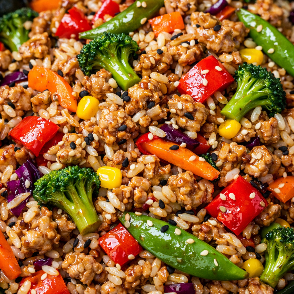 A colorful teriyaki turkey and rice stir-fry with veggies and sesame seeds.