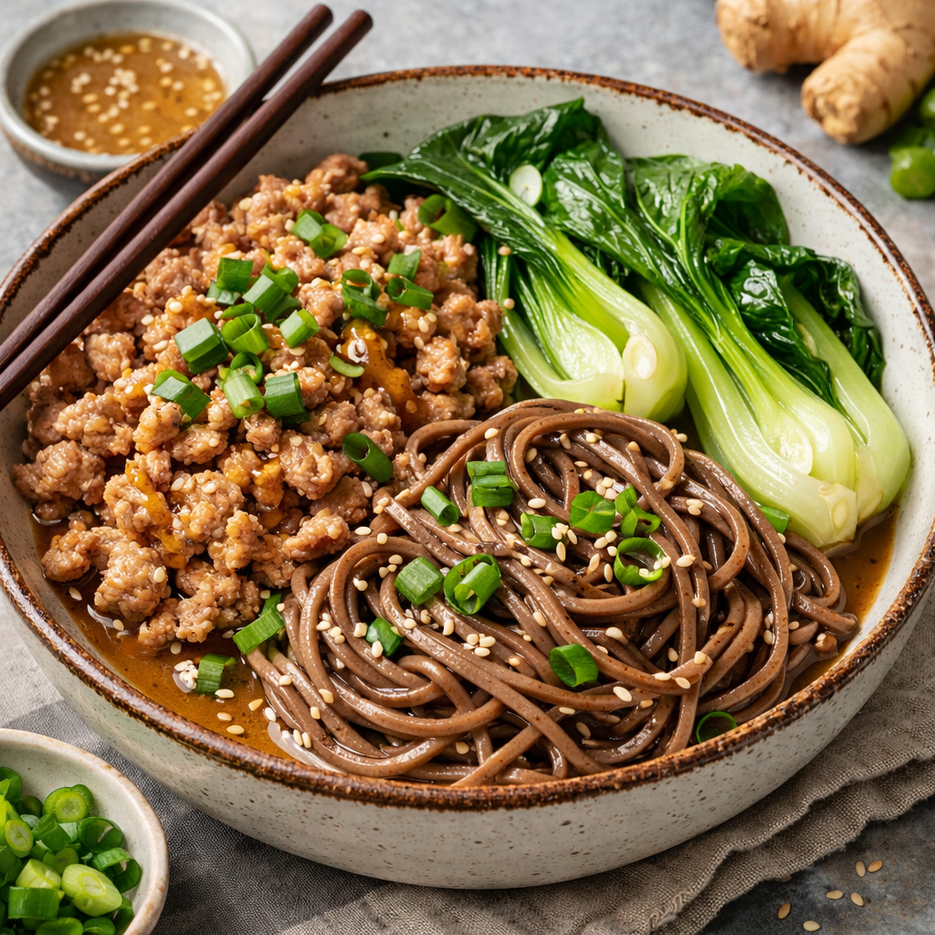 A delicious Asian-Inspired Ground Turkey Bowl with ground turkey, soba noodles, bok choy, and green onions.