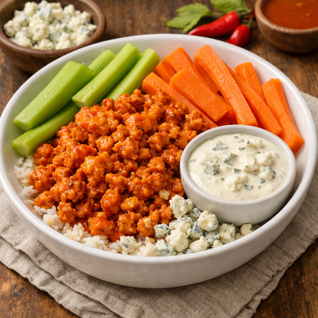 Buffalo ground turkey bowl with vegetables and dipping sauce
