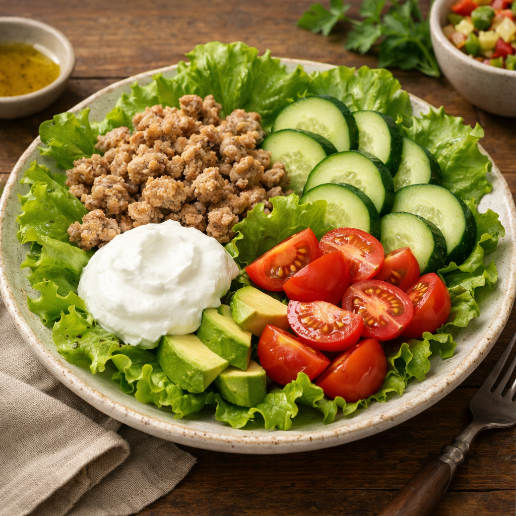 A healthy ground turkey bowl with Greek yogurt, lettuce, cucumber, avocado, and tomatoes, served on a plate.