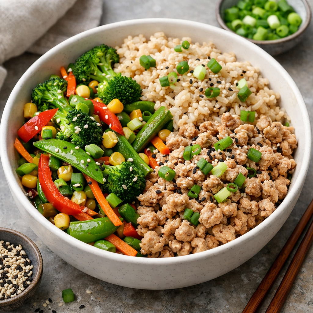 Colorful ground turkey and vegetable stir-fry bowl with brown rice
