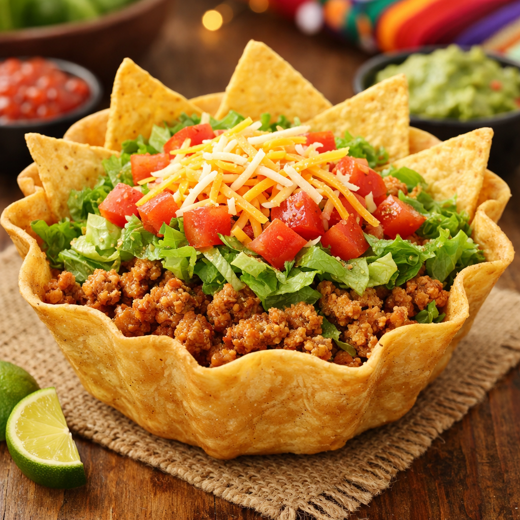 Ground turkey taco bowl with lettuce, tomatoes, cheese, and tortilla chips.