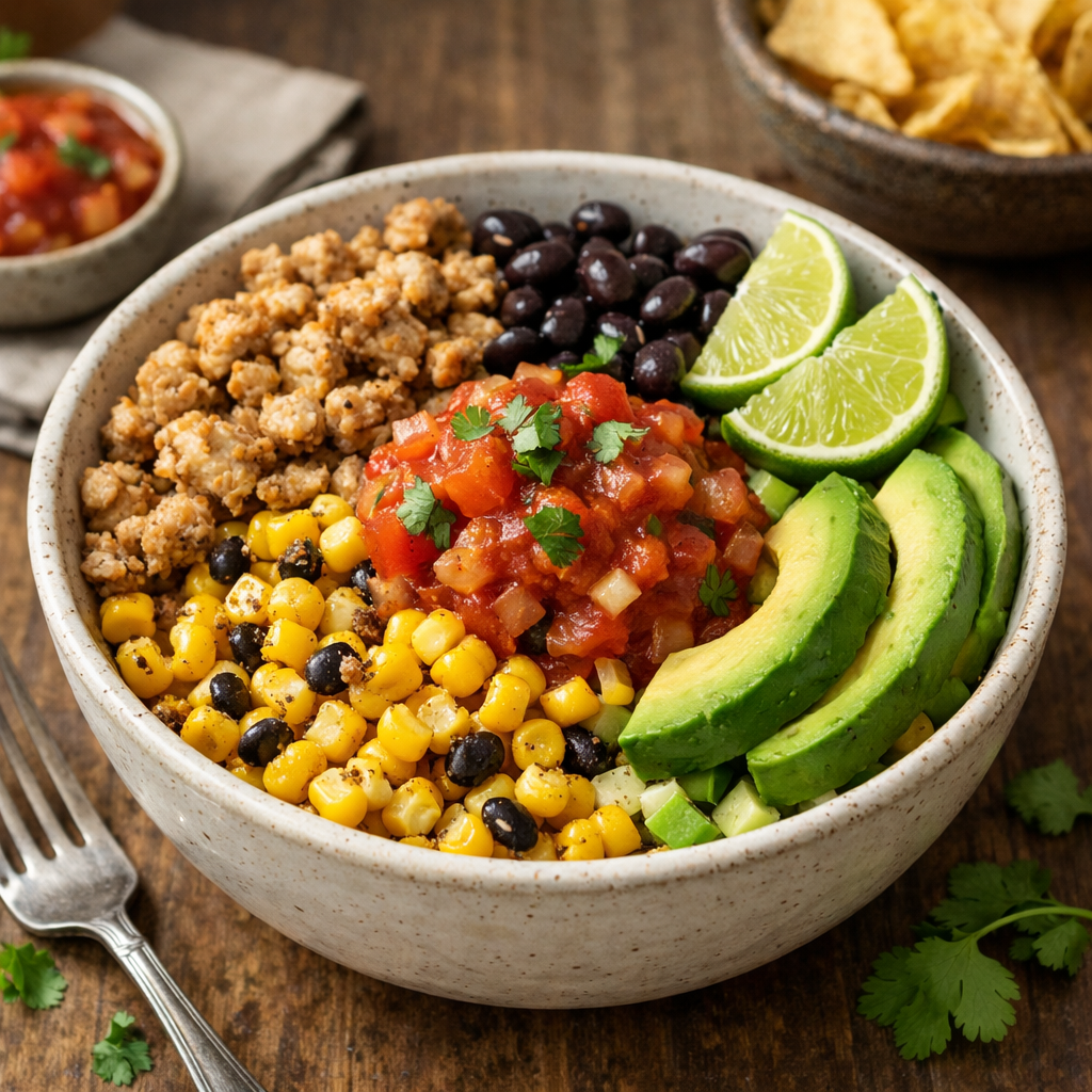A colorful Southwest Ground Turkey Bowl with ground turkey, black beans, corn, salsa, avocado, and lime.