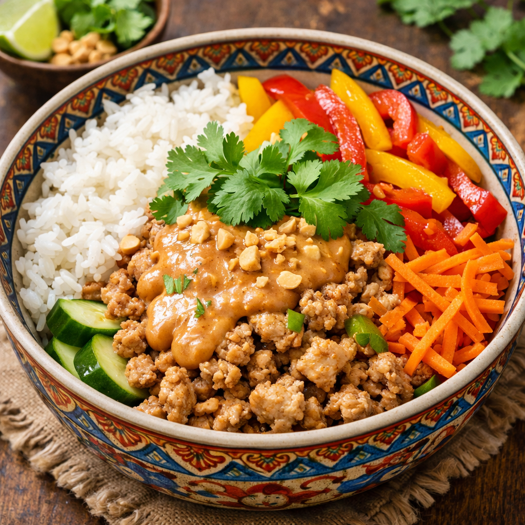 A vibrant bowl filled with ground turkey, rice, peanut sauce, assorted vegetables, and topped with cilantro and peanuts.