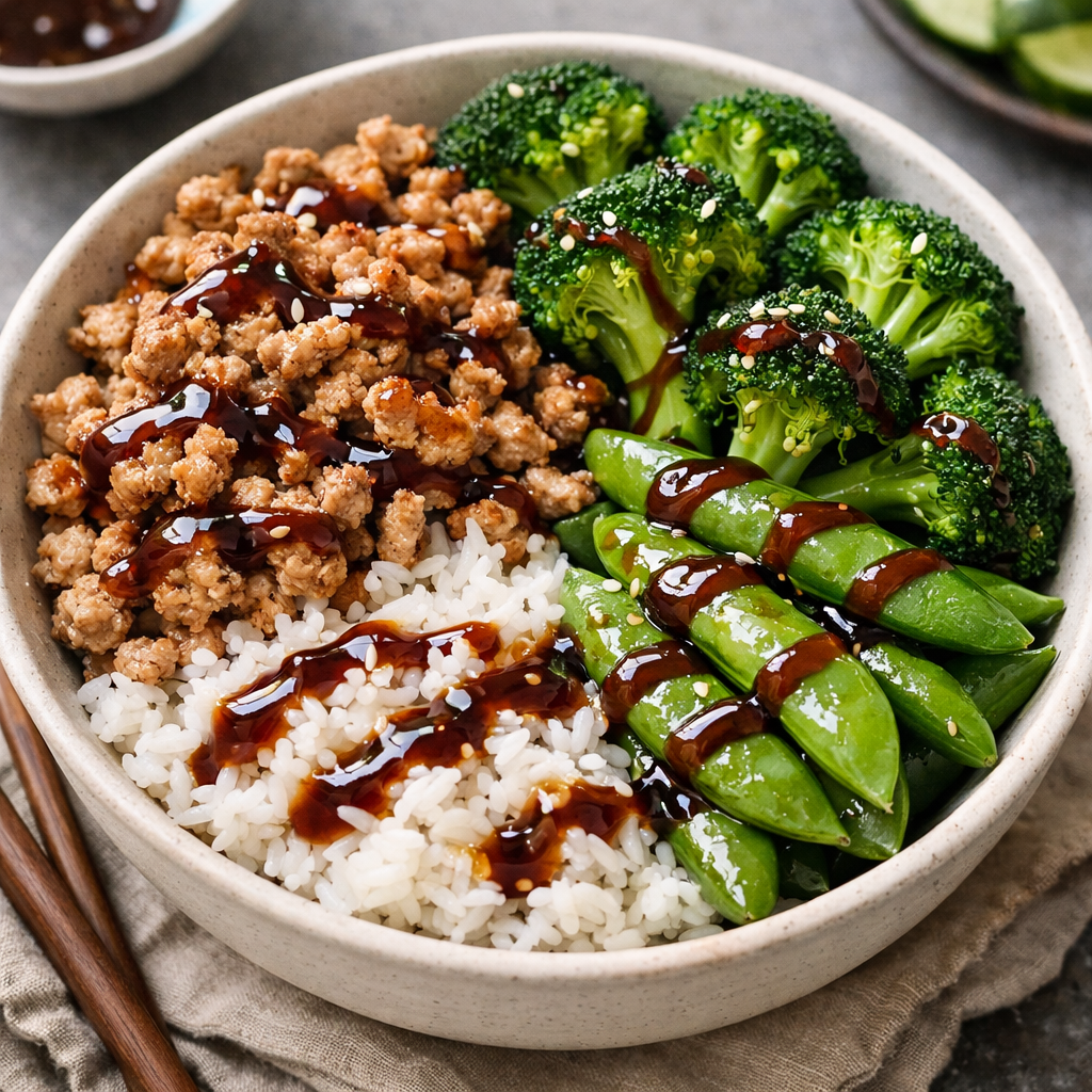 A delicious bowl containing teriyaki ground turkey, rice, broccoli, and sugar snap peas.