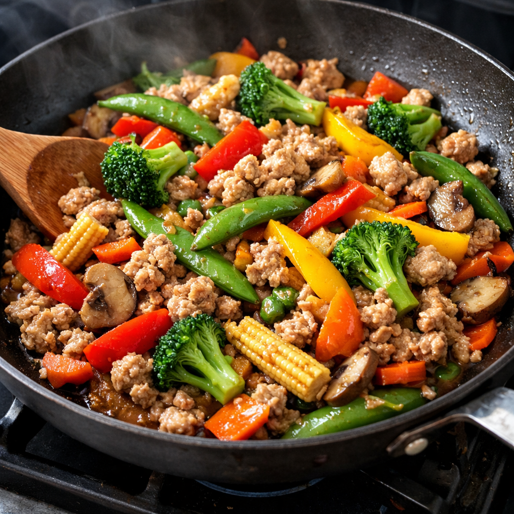 A colorful one-pan stir-fry featuring ground turkey and various vegetables like bell peppers, broccoli, and mushrooms.