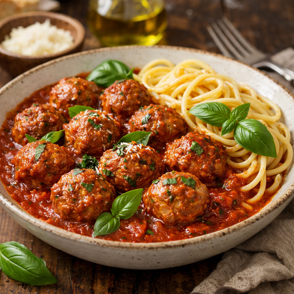 Delicious turkey meatballs in marinara sauce with spaghetti and fresh basil
