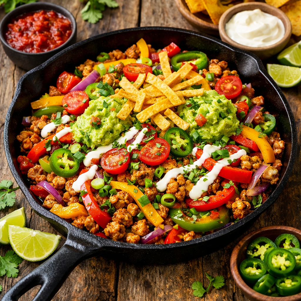 A colorful Spicy Turkey Taco Skillet with ground turkey, peppers, guacamole, and fresh toppings
