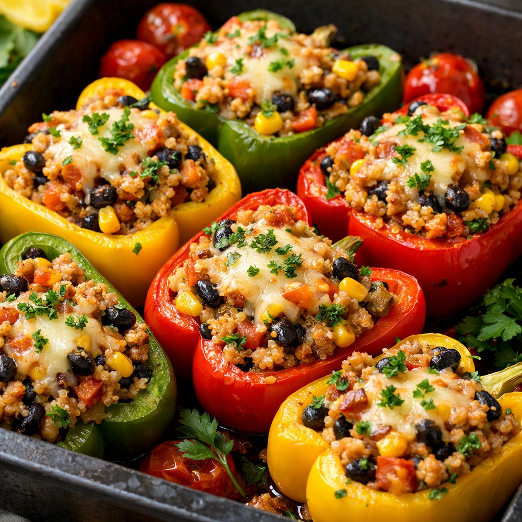 Colorful bell peppers stuffed with quinoa, turkey, and various vegetables.