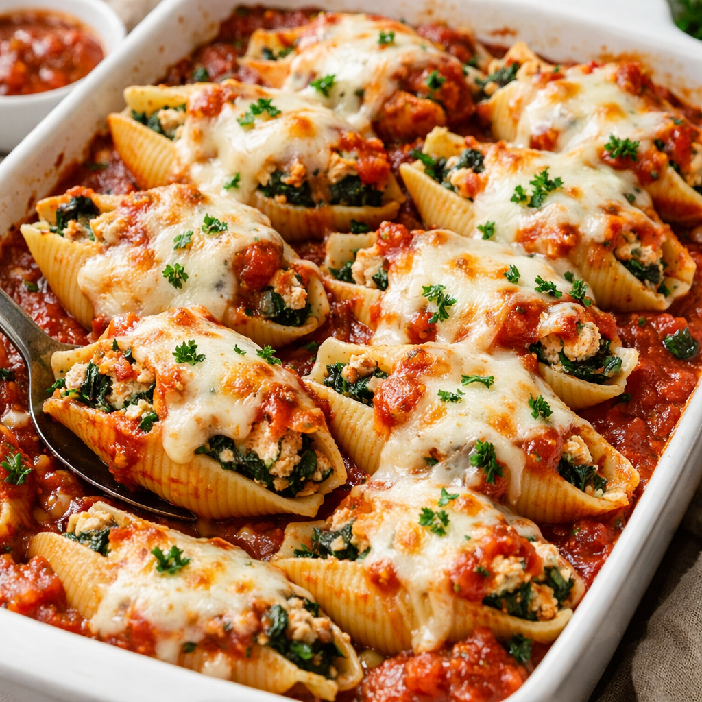 A dish of Turkey and Spinach Stuffed Shells topped with melted cheese and garnish.