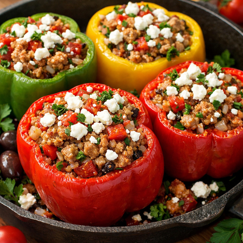 Colorful Mediterranean turkey stuffed peppers arranged beautifully in a dish.