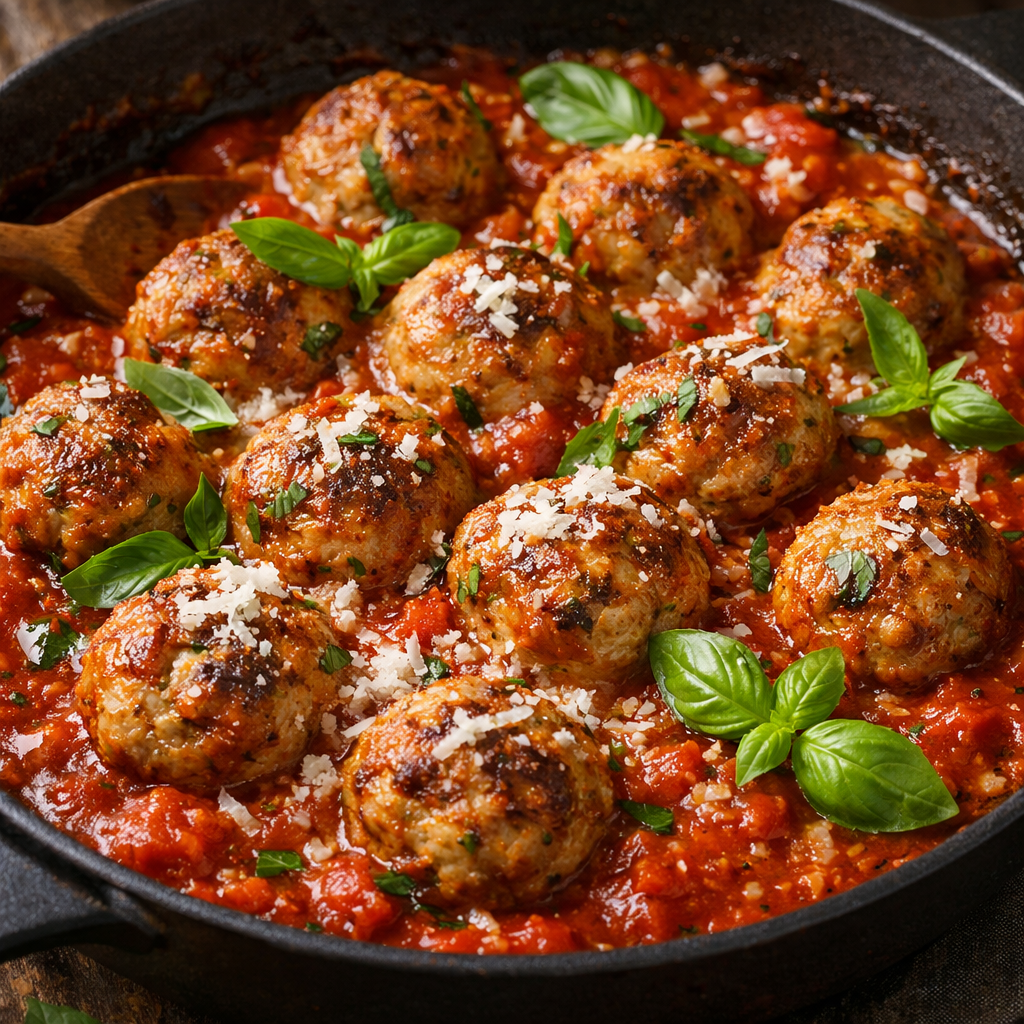 Savory turkey meatballs in tomato sauce, garnished with basil and cheese.