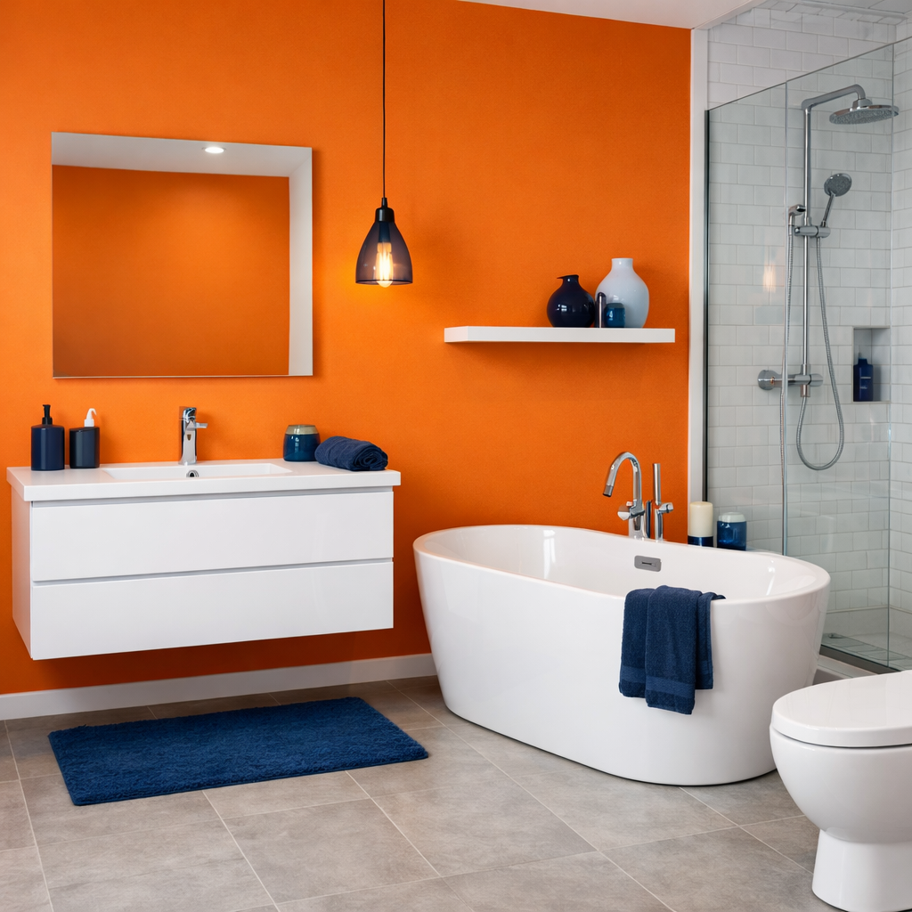 A bathroom featuring a bold orange accent wall with modern fixtures.