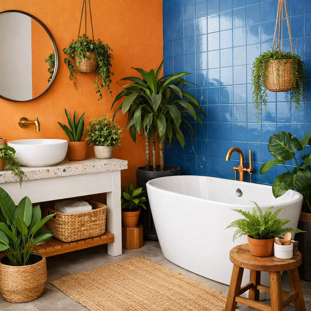 A colorful bathroom with orange and blue walls, featuring various plants and stylish fixtures