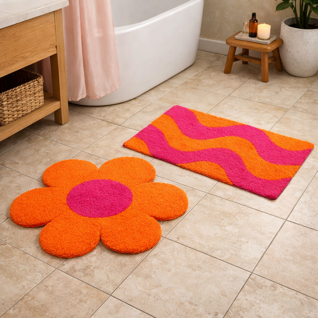 Vibrant orange and pink bath mats in flower and wavy designs.