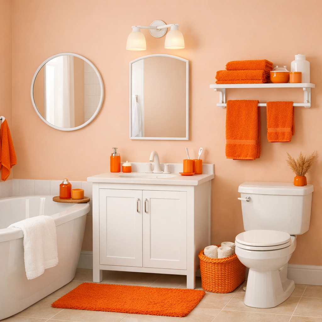 A bright and inviting bathroom with peach walls and orange accents, featuring towels and decor.