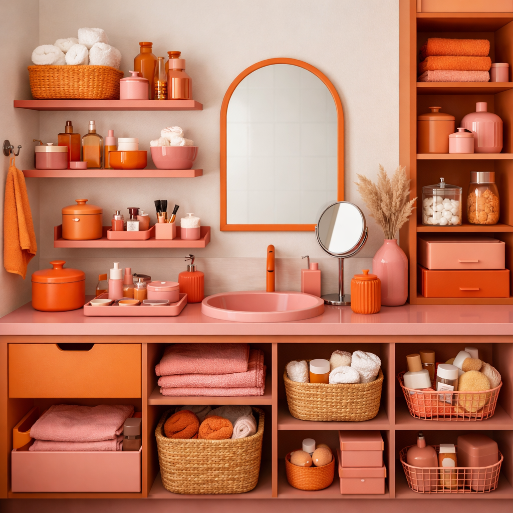 A stylish orange and pink bathroom featuring shelves with storage jars, baskets, and a vibrant basin.