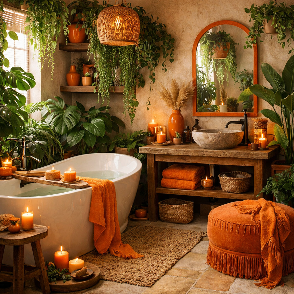 A beautifully designed bathroom with lush greenery and orange accents