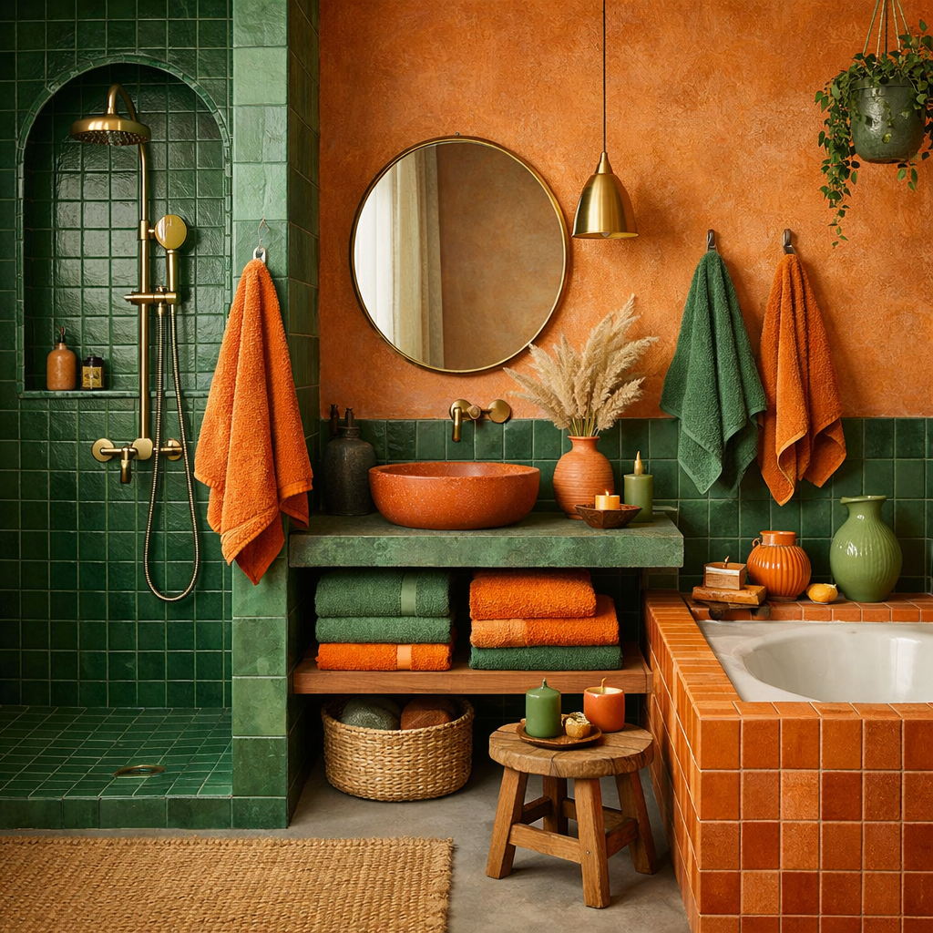 A bathroom featuring a mix of orange and green textures with modern decor.