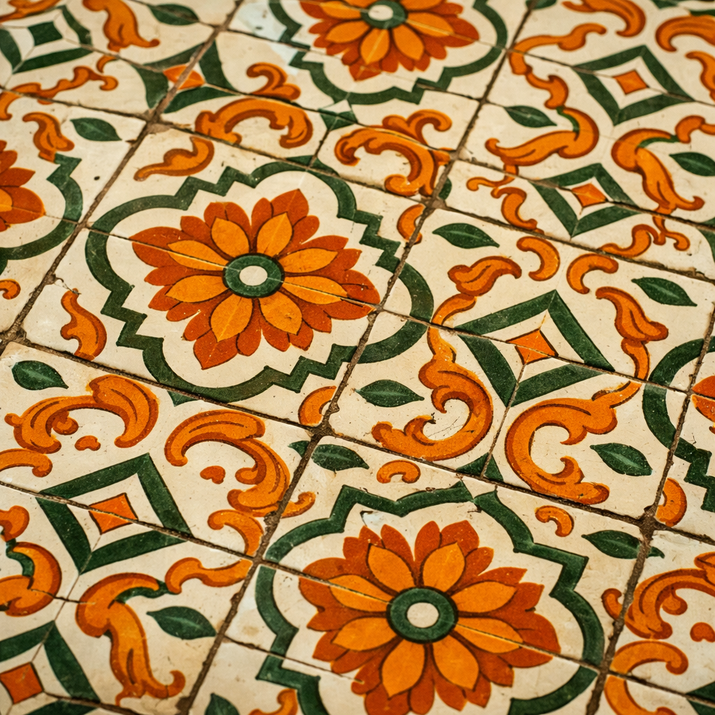 An elegant pattern of orange and green tiles in a bathroom.