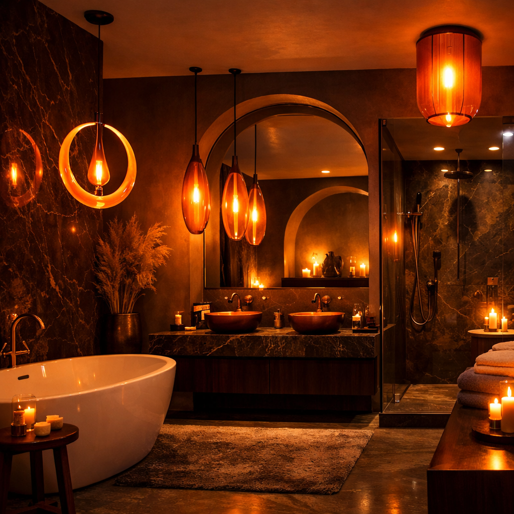 A luxurious bathroom with orange lighting fixtures creating a warm, inviting atmosphere.