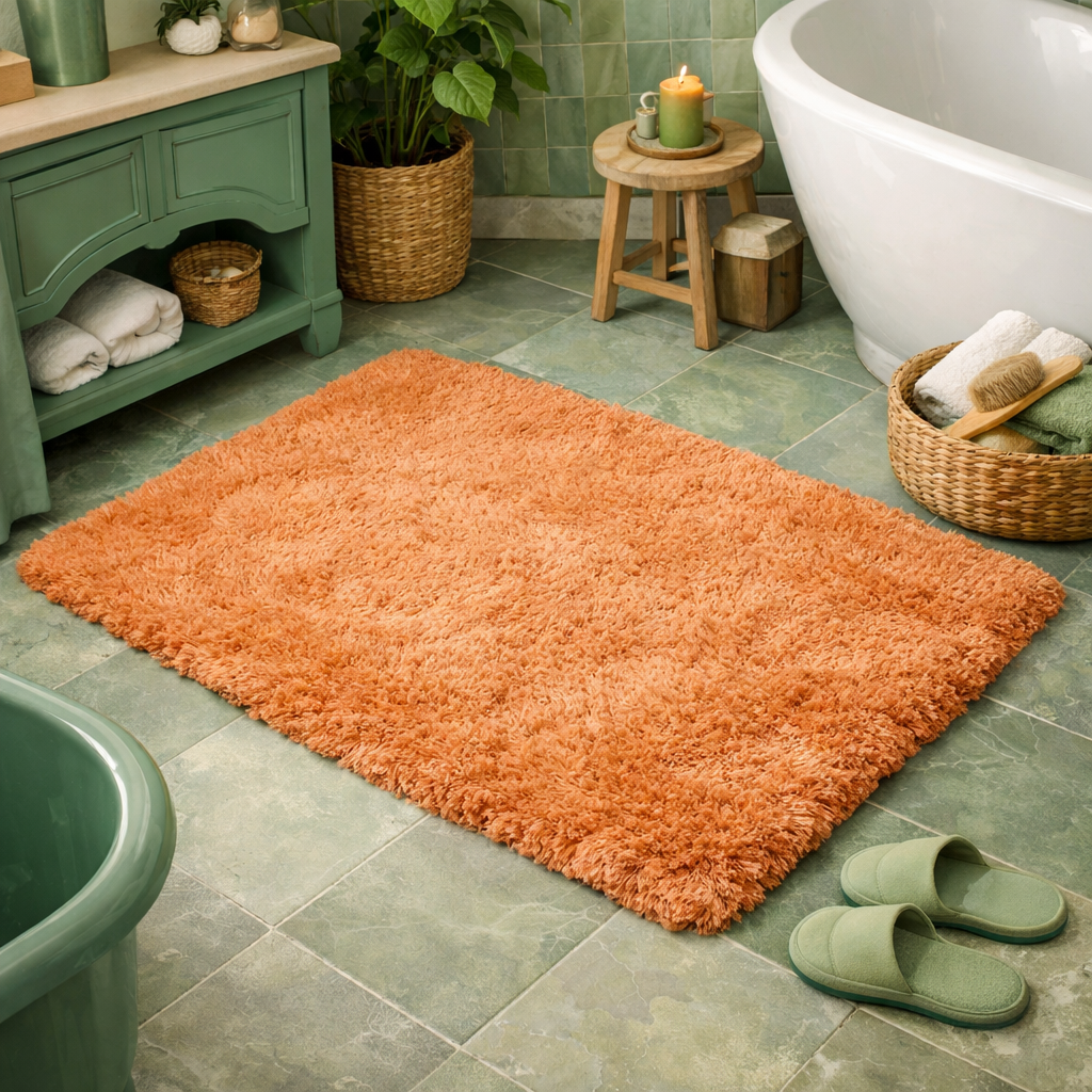 Cozy orange rug in a green-themed bathroom, enhancing the inviting atmosphere.