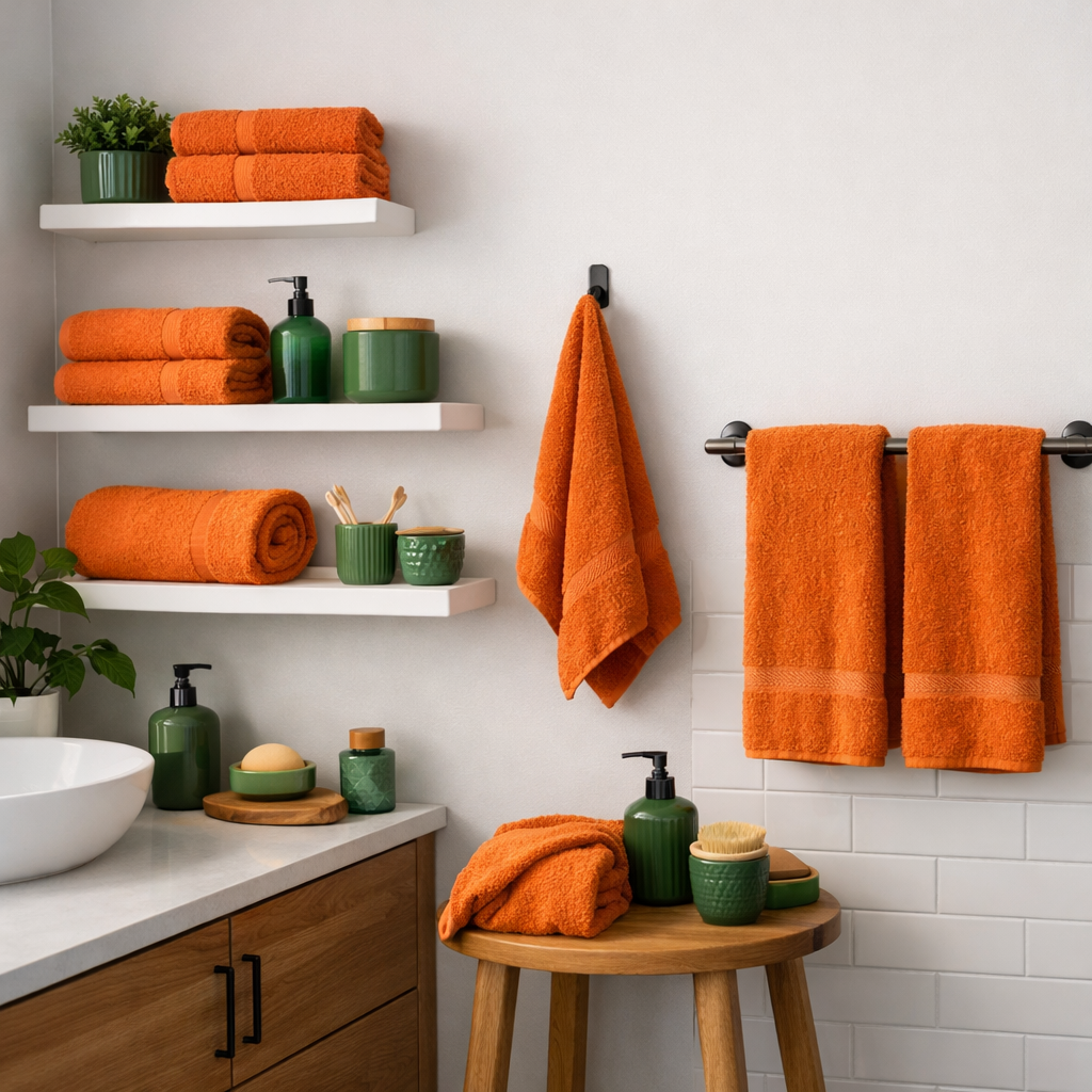 A stylish bathroom featuring orange towels and green accessories on shelves.