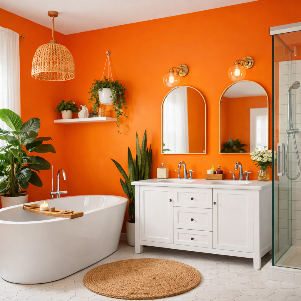 A bright orange bathroom with a white tub and vanity, featuring plants and warm lighting.
