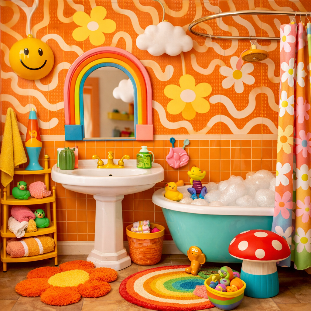 Colorful bathroom with orange walls and playful patterns.